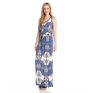 Karen Kane Dress Womens M Blue Portuguese Tile Sleeveless Maxi Drawstring Resort